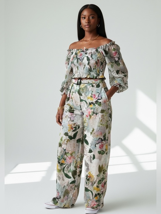A.Peach Other - Floral Off-Shoulder Smocked Pants Set in Green